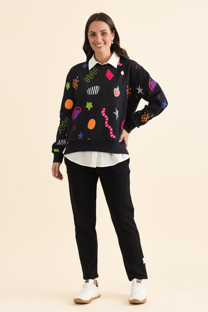 Licorice Galaxy Navy Cotton Sweatshirt,brunette model,Full Outfit,alt text|model:MJ