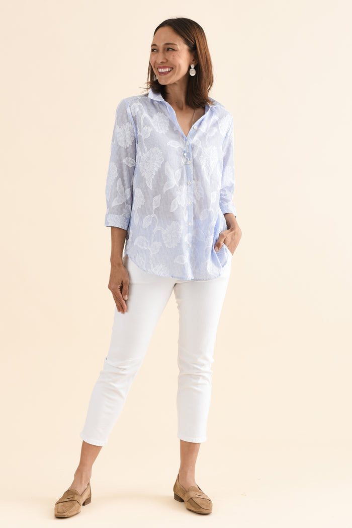 Lilah Blue Garden Cotton 3/4 Sleeved Shirt,Full Body,Brunette model,alt text|model:Cara