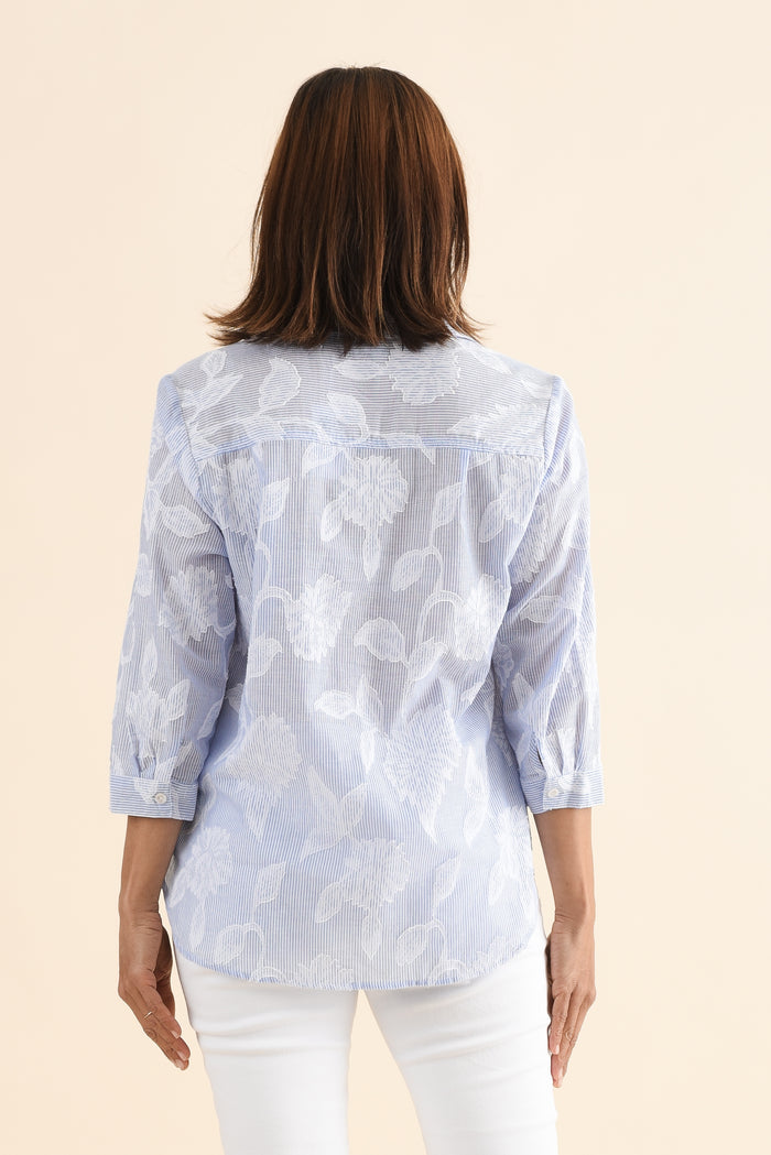 Lilah Blue Garden Cotton 3/4 Sleeved Shirt,Back,Brunette model,alt text|model:Cara