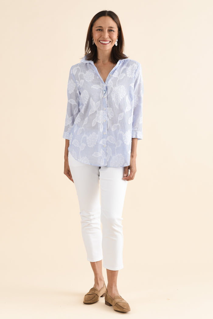 Lilah Blue Garden Cotton 3/4 Sleeved Shirt,Full Body,Brunette model,alt text|model:Cara