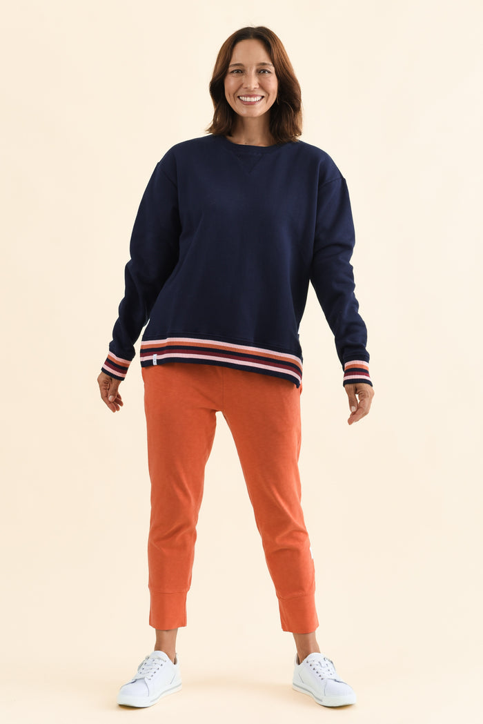 Lili Navy Fleece Trim Sweatshirt,Full Body,Brunette model,alt text|model:Cara