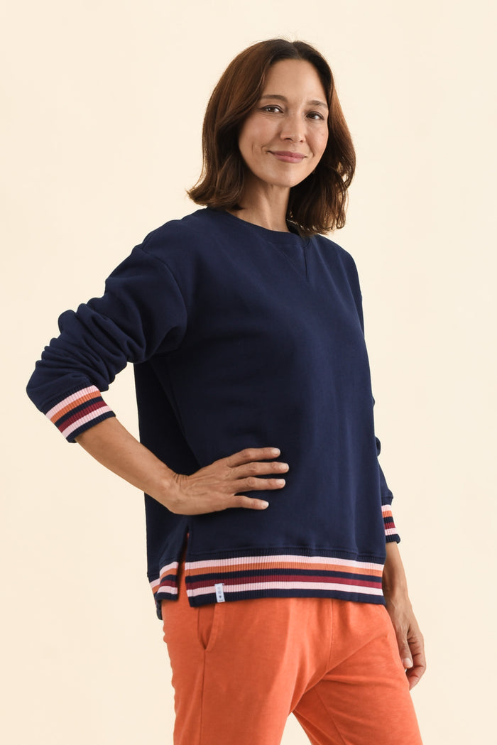 Lili Navy Fleece Trim Sweatshirt,Side,Brunette model,alt text|model:Cara