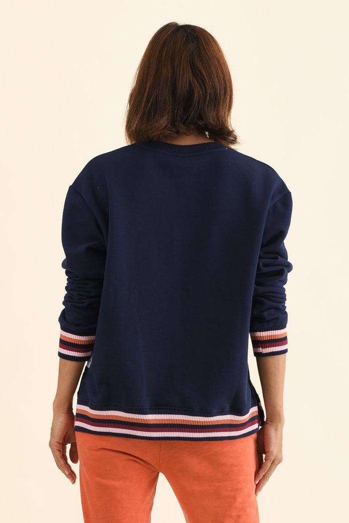 Lili Navy Fleece Trim Sweatshirt,Back,Brunette model,alt text|model:Cara