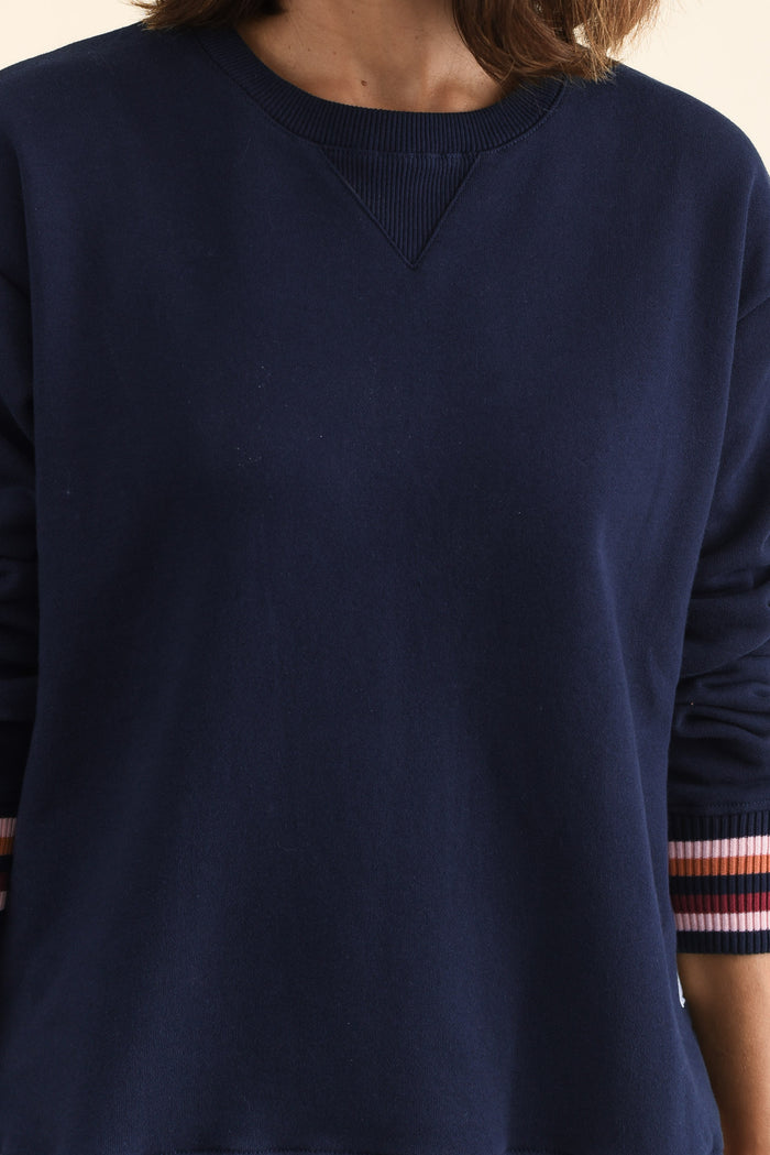 Lili Navy Fleece Trim Sweatshirt,Detail,Brunette model,alt text|model:Cara