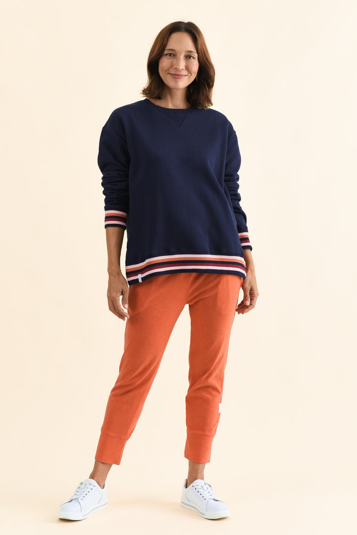 Lili Navy Fleece Trim Sweatshirt,Full Body,Brunette model,alt text|model:Cara