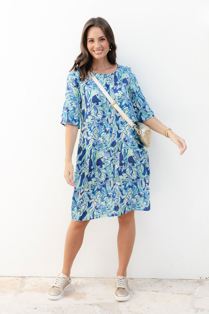 Lilibet Blue Abstract Cotton Pocket Dress,Lifestyle