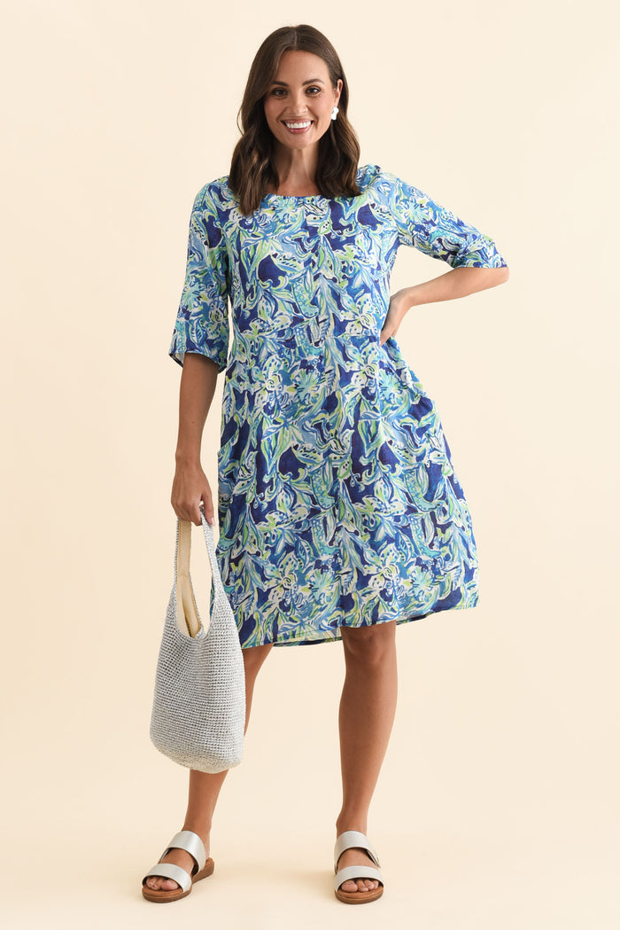 Lilibet Blue Abstract Cotton Pocket Dress,Brunette model,alt text|model:MJ