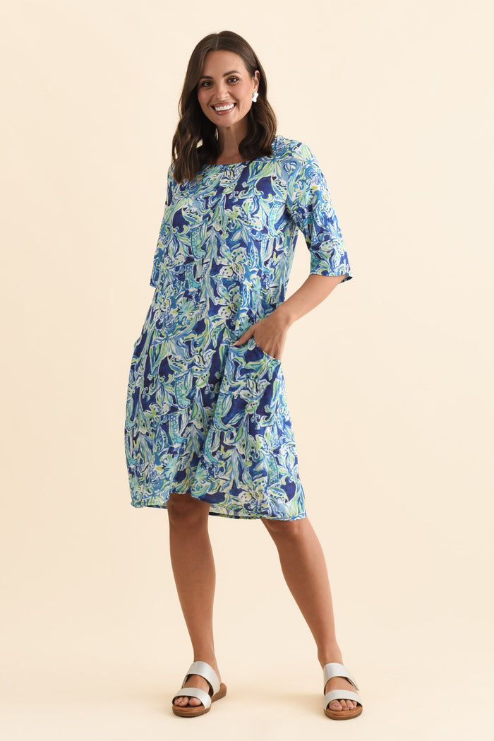 Lilibet Blue Abstract Cotton Pocket Dress,Brunette model,alt text|model:MJ