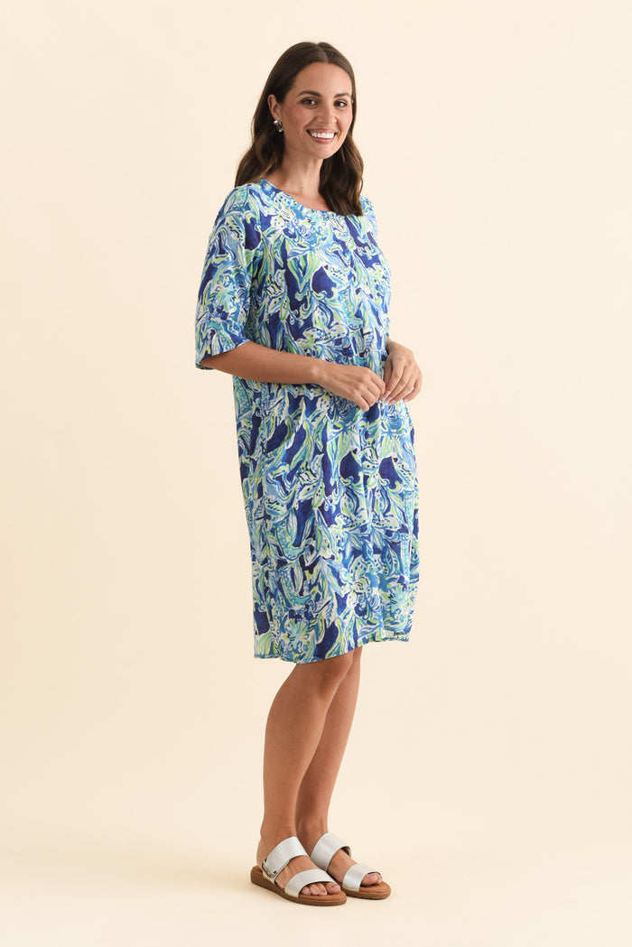 Lilibet Blue Abstract Cotton Pocket Dress,Brunette model,alt text|model:MJ
