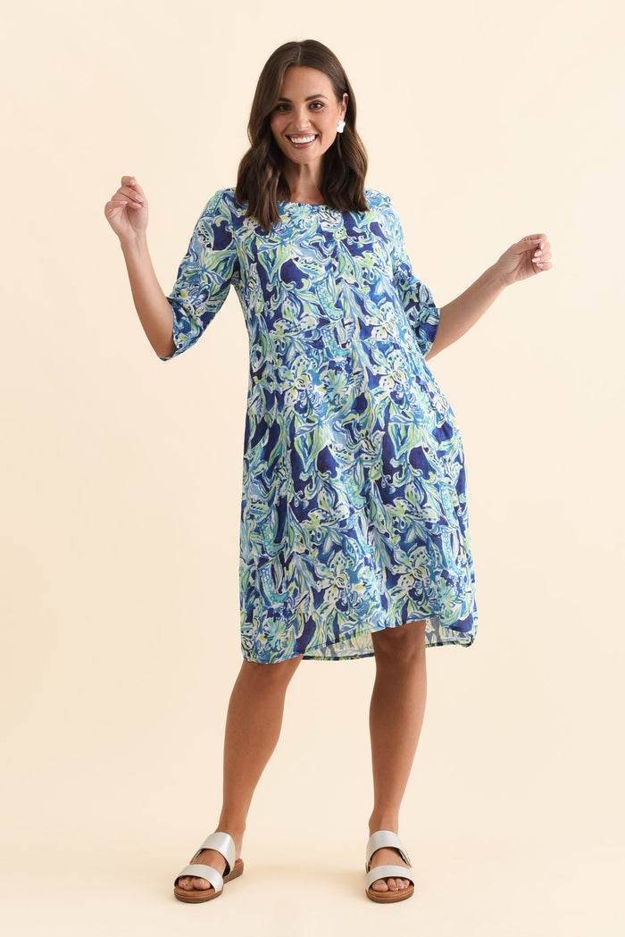 Lilibet Blue Abstract Cotton Pocket Dress,Brunette model,alt text|model:MJ