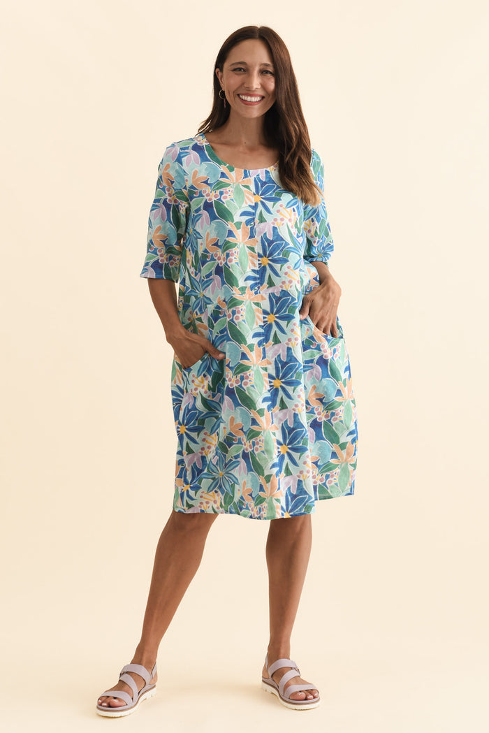 Lilibet Blue Garden Cotton Pocket Dress,Brunette model,alt text|model:Cara