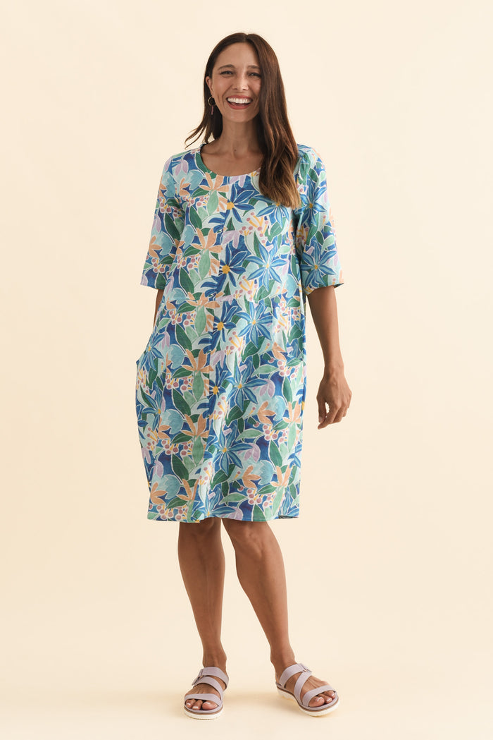 Lilibet Blue Garden Cotton Pocket Dress,Brunette model,alt text|model:Cara