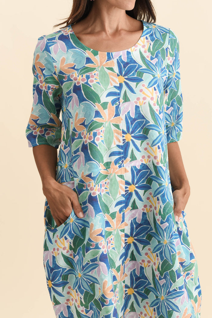 Lilibet Blue Garden Cotton Pocket Dress,Brunette model,alt text|model:Cara