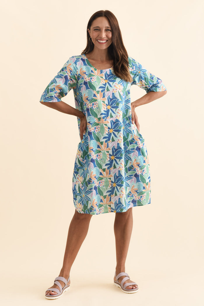Lilibet Blue Garden Cotton Pocket Dress,Brunette model,alt text|model:Cara