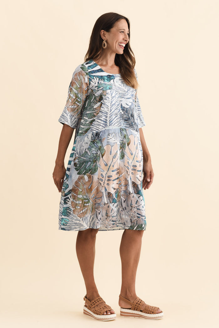 Lilibet Green Leaf Cotton Pocket Dress,Brunette model,alt text|model:Cara
