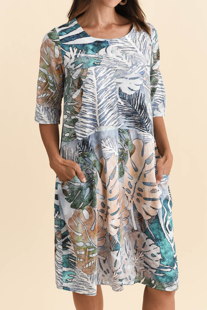 Lilibet Green Leaf Cotton Pocket Dress,Brunette model,alt text|model:Cara