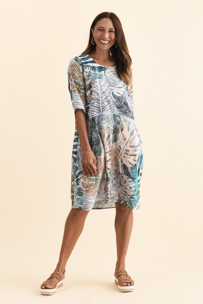 Lilibet Green Leaf Cotton Pocket Dress,Brunette model,alt text|model:Cara