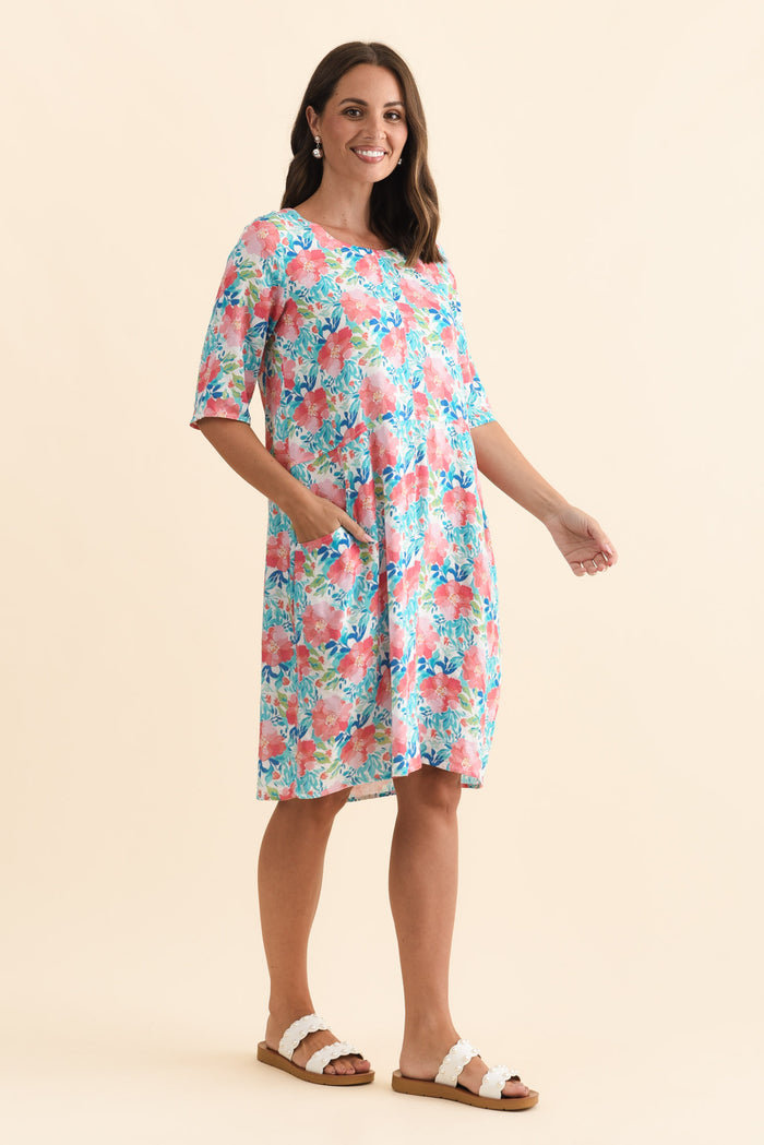 Lilibet Pink Flower Cotton Pocket Dress,Brunette model,alt text|model:MJ