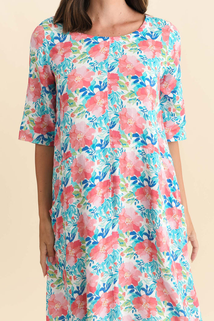 Lilibet Pink Flower Cotton Pocket Dress,Brunette model,alt text|model:MJ