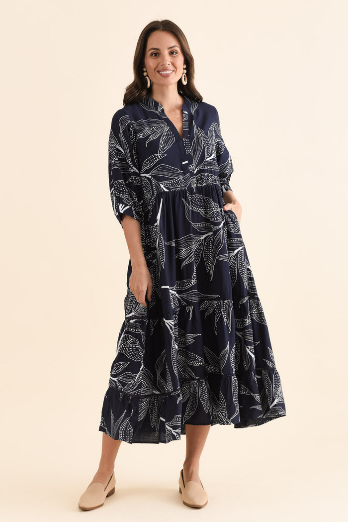 Lillian Navy Leaf Tier Dress,Front,Brunette model,alt text|model:MJ