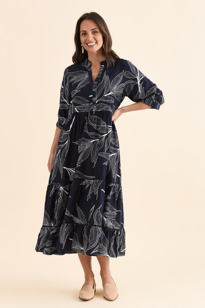 Lillian Navy Leaf Tier Dress,Full Body,Brunette model,alt text|model:MJ