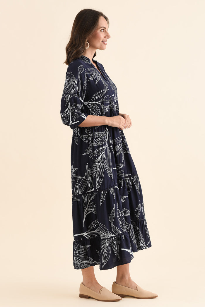 Lillian Navy Leaf Tier Dress,Side,Brunette model,alt text|model:MJ