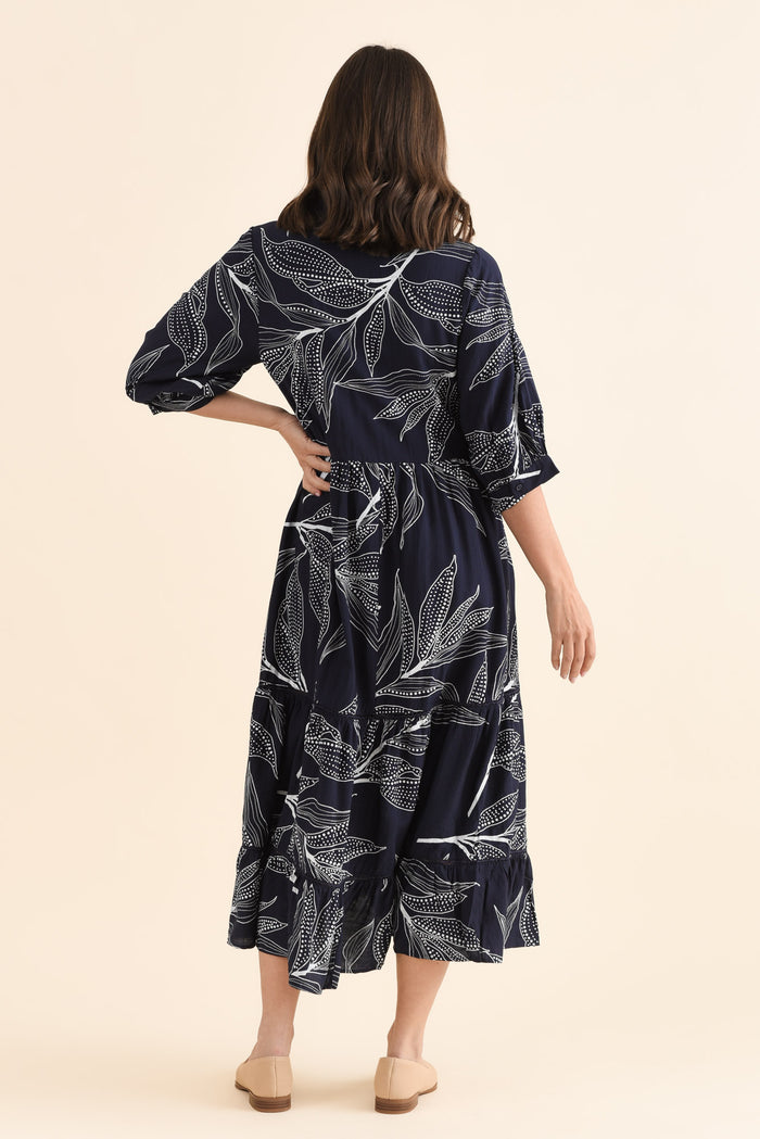 Lillian Navy Leaf Tier Dress,Back,Brunette model,alt text|model:MJ