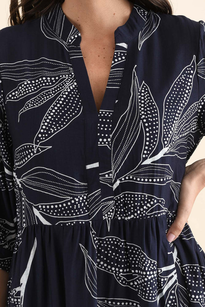 Lillian Navy Leaf Tier Dress,Detail,Brunette model,alt text|model:MJ