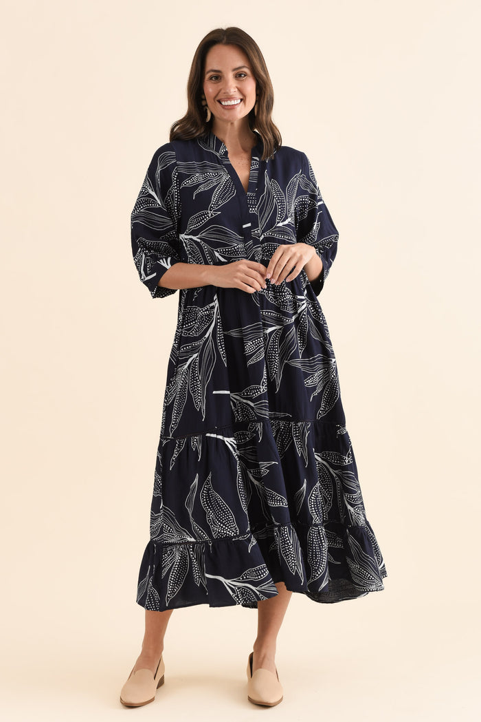 Lillian Navy Leaf Tier Dress,Full Body,Brunette model,alt text|model:MJ