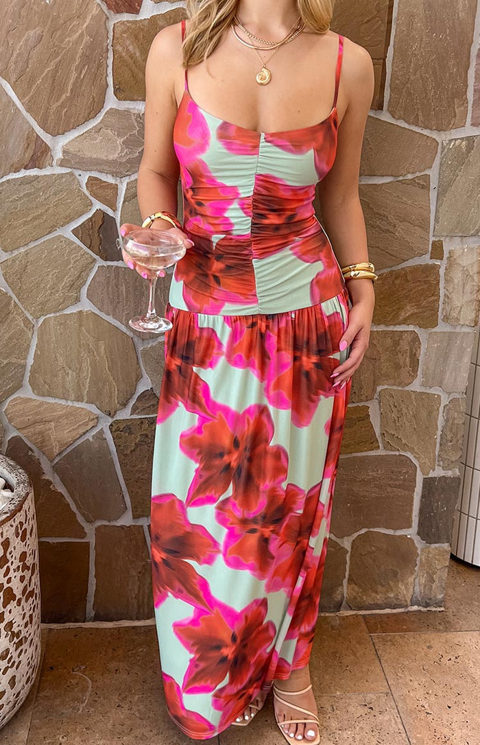 Lilliana Green Floral Print Maxi Dress