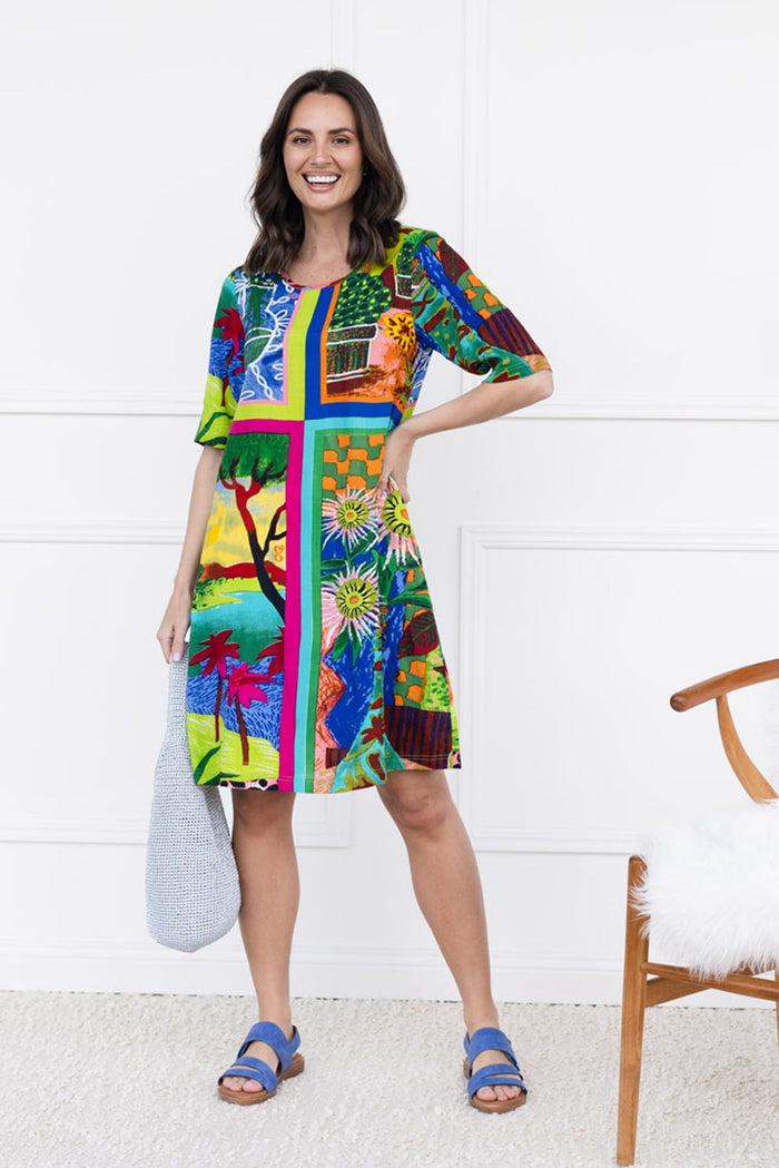 Lincoln Green Meadow Pocket Dress,brunette model,Front of Outfit,Lifestyle