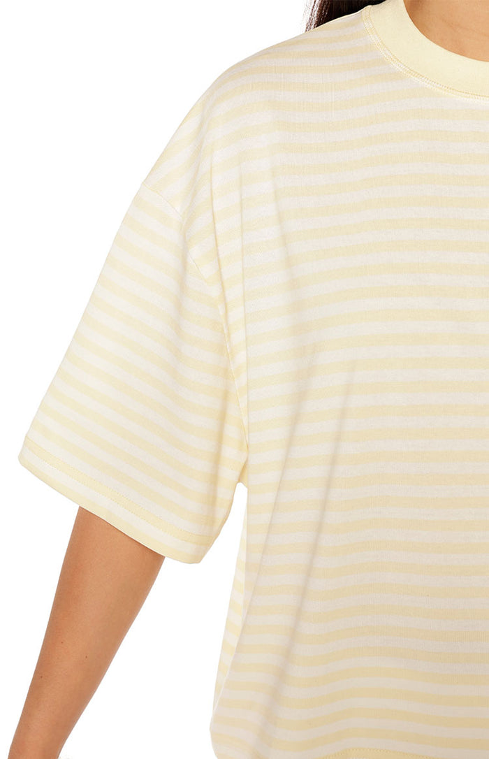 Close-up of the dropped shoulder seam and wide short sleeve of the light yellow and white striped top