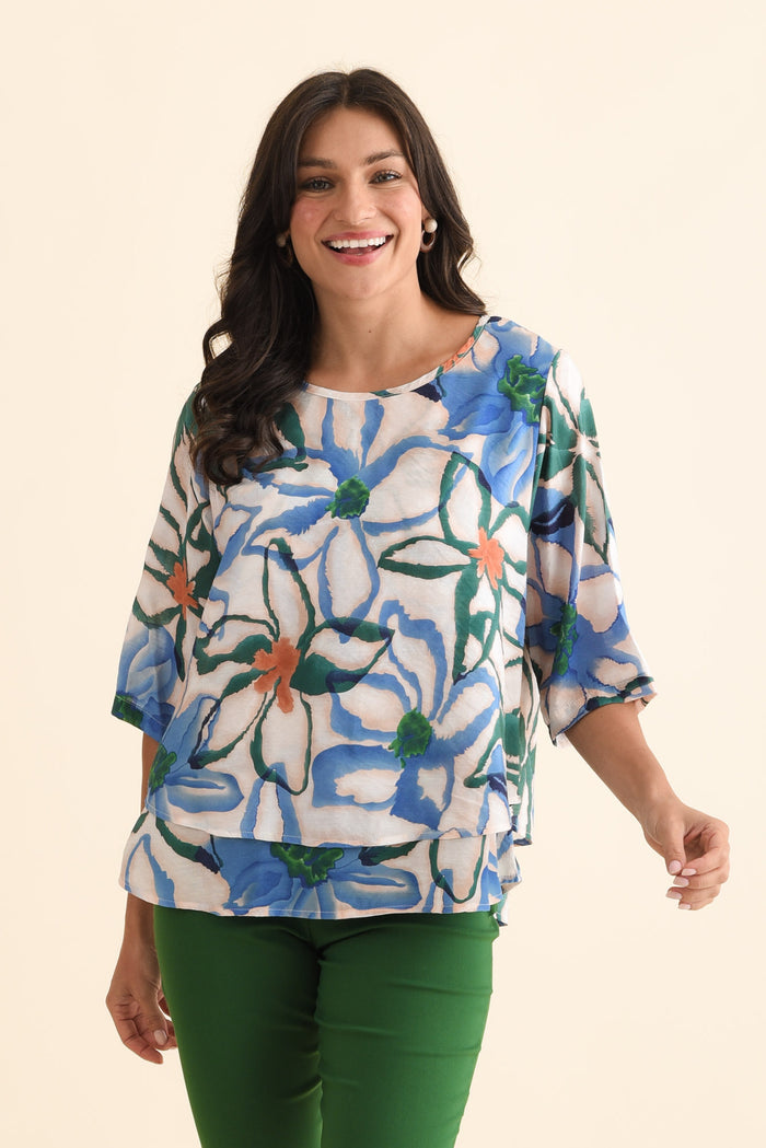 Liora Blue Flower Layered Top,Brunette model,alt text|model:Brontie