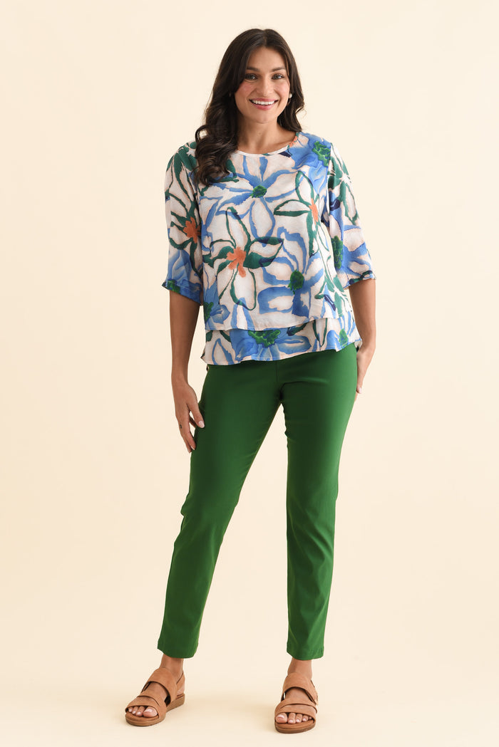 Liora Blue Flower Layered Top,Brunette model,alt text|model:Brontie