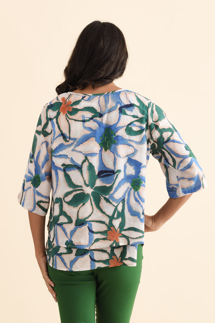 Liora Blue Flower Layered Top,Brunette model,alt text|model:Brontie
