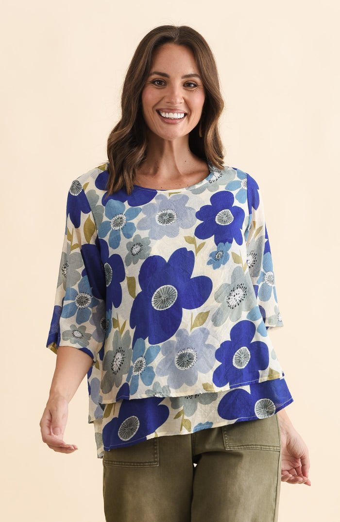 Liora Blue Garden Layered Top,Brunette model,alt text|model:MJ