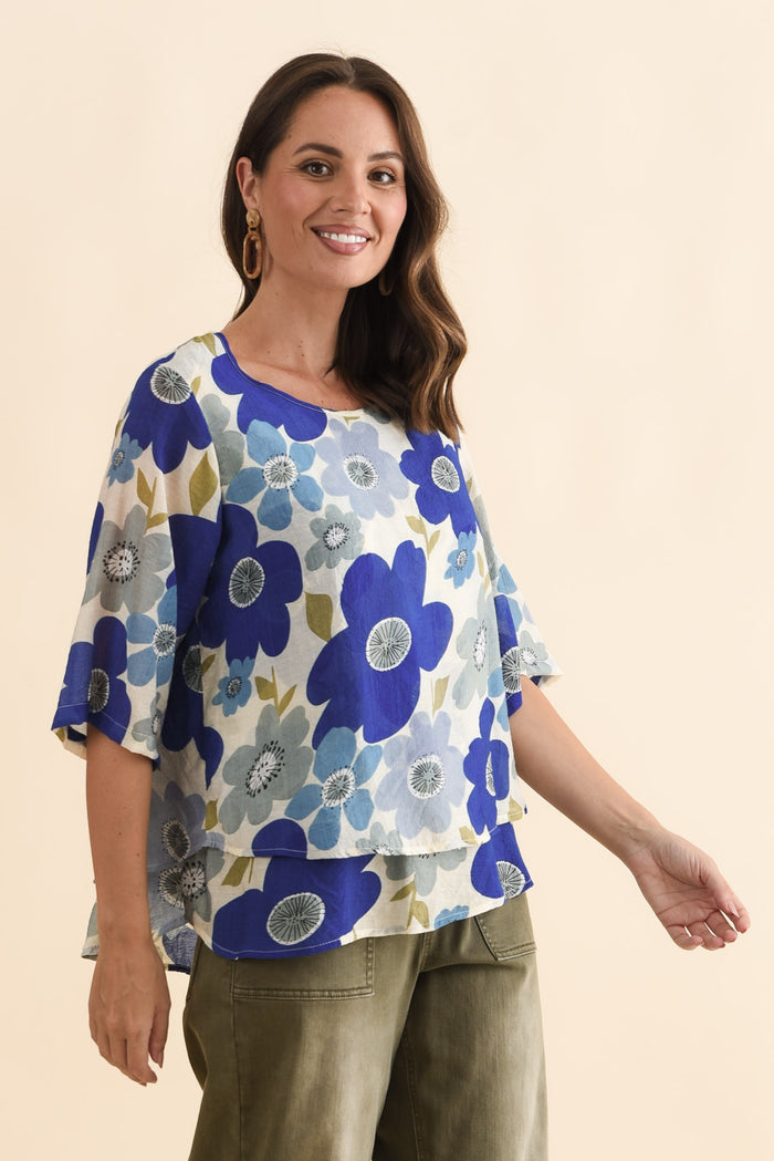 Liora Blue Garden Layered Top,Brunette model,alt text|model:MJ