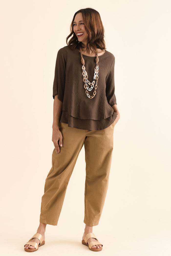 Liora Chocolate Layered Top,Full Body,Brunette model,alt text|model:Cara