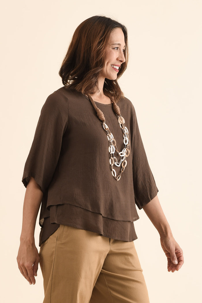 Liora Chocolate Layered Top,Side,Brunette model,alt text|model:Cara