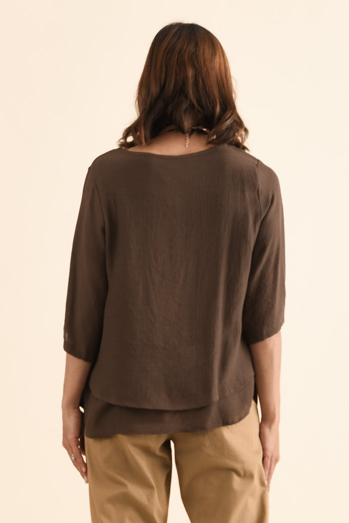 Liora Chocolate Layered Top,Back,Brunette model,alt text|model:Cara