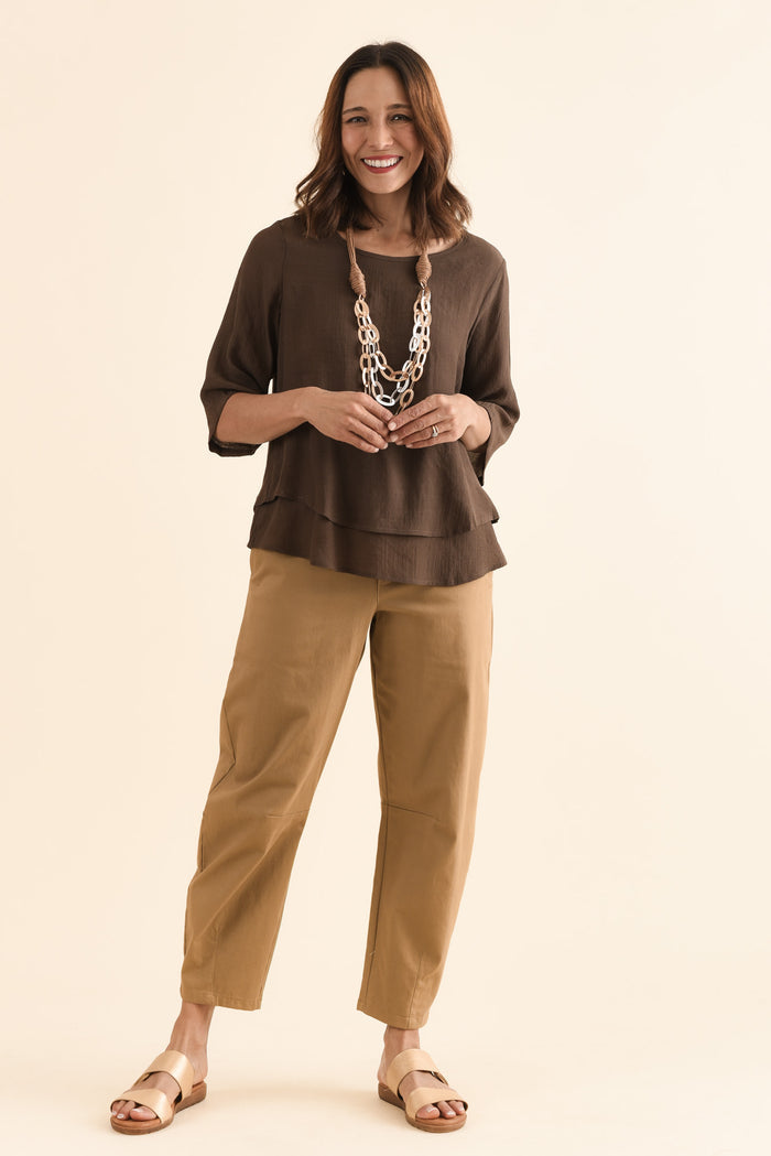 Liora Chocolate Layered Top,Full Body,Brunette model,alt text|model:Cara