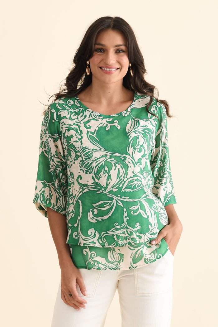 Liora Green Swirl Layered Top,Brunette model,alt text|model:Brontie