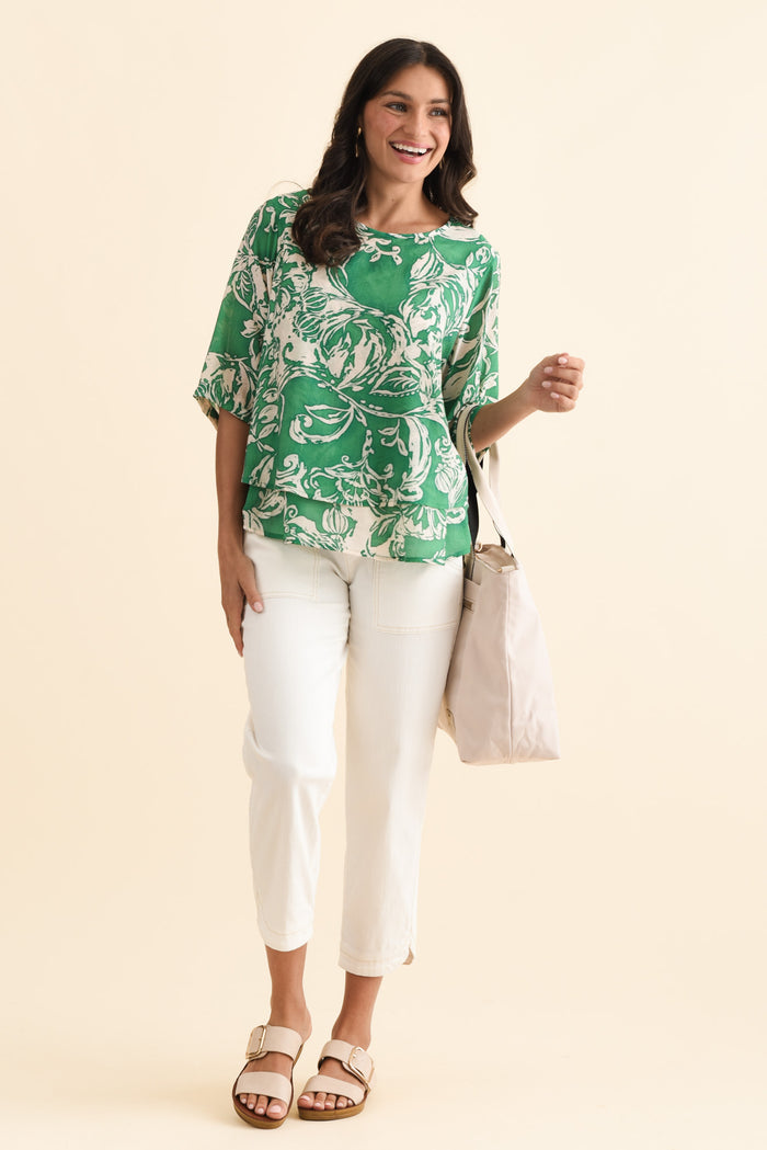 Liora Green Swirl Layered Top,Brunette model,alt text|model:Brontie