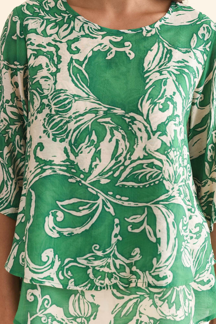 Liora Green Swirl Layered Top,Brunette model,alt text|model:Brontie