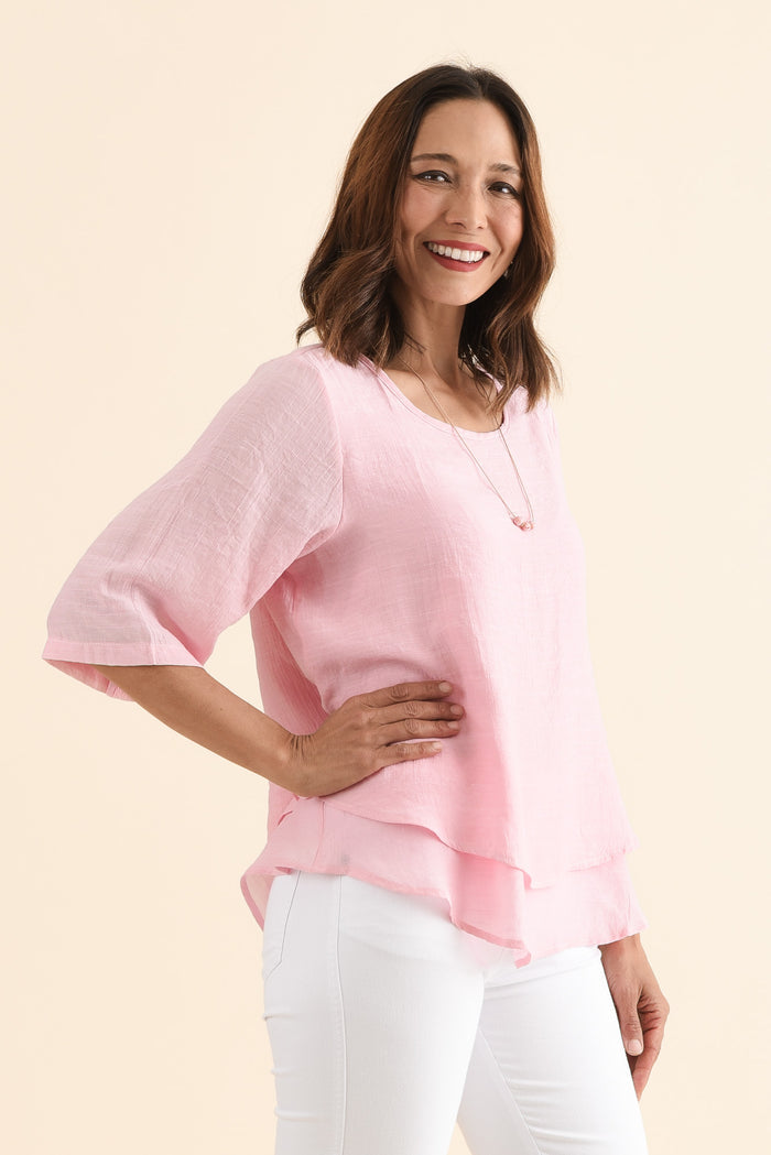 Liora Light Pink Layered Top,Side,Brunette model,alt text|model:Cara