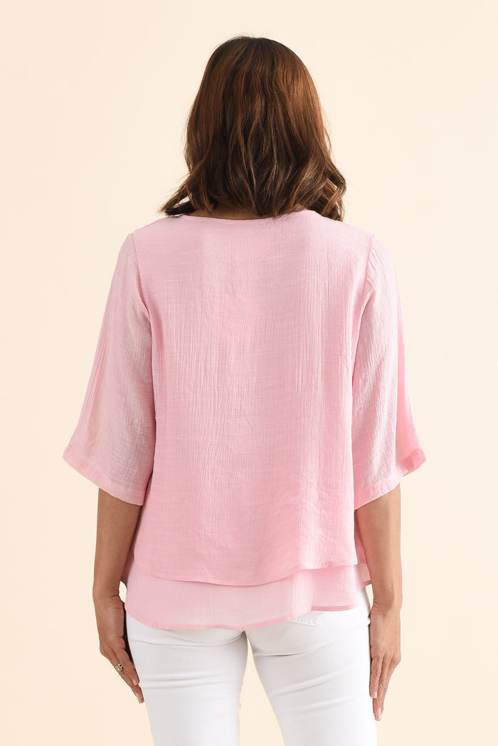 Liora Light Pink Layered Top,Back,Brunette model,alt text|model:Cara