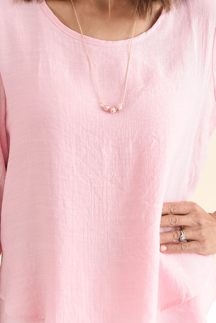 Liora Light Pink Layered Top,Detail,Brunette model,alt text|model:Cara