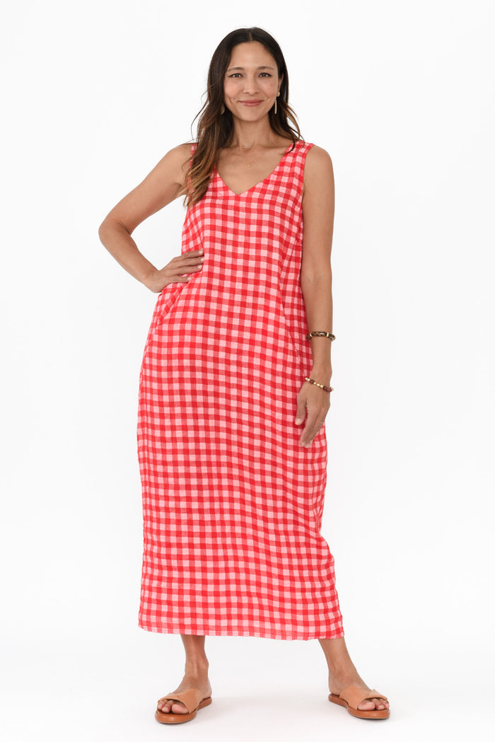 Lisa Red Check Linen Pocket Dress,Brunette model,alt text|model:Cara
