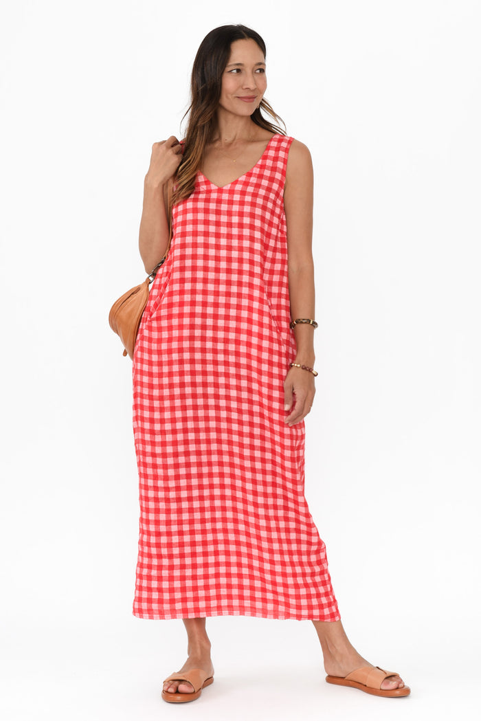 Lisa Red Check Linen Pocket Dress,Brunette model,alt text|model:Cara