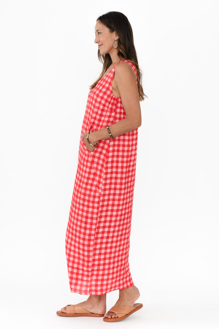 Lisa Red Check Linen Pocket Dress,Brunette model,alt text|model:Cara
